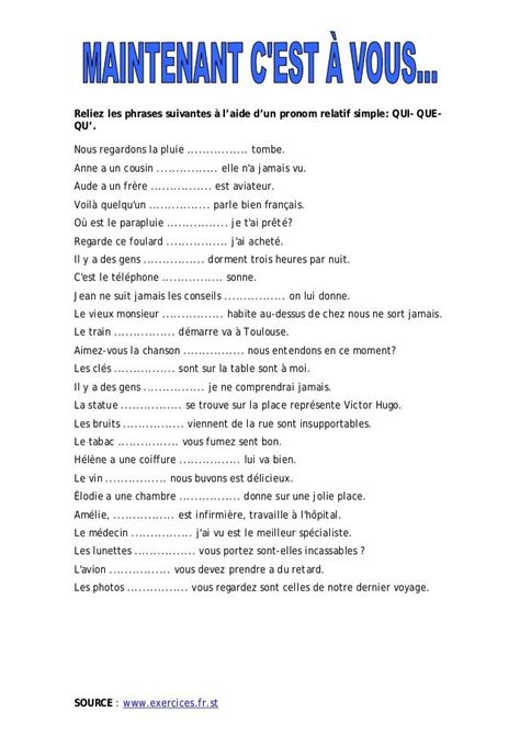 Les Pronoms Relatifs Qui Que French Worksheets Learn French Teaching French