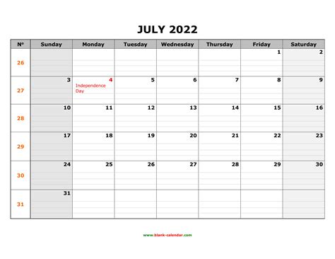 Free Download Printable July 2022 Calendar Large Box Grid Space For Notes
