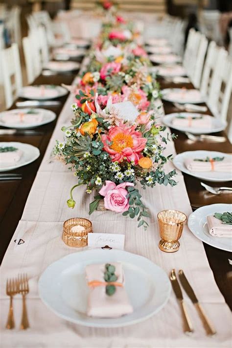 Guests will be impressed by these creative place cards, menus, table linens, chargers, and more. coral and greenery wedding table setting ideas ...