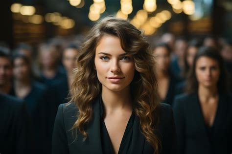 Premium Ai Image A Woman In A Suit Stands In Front Of A Crowd Of People