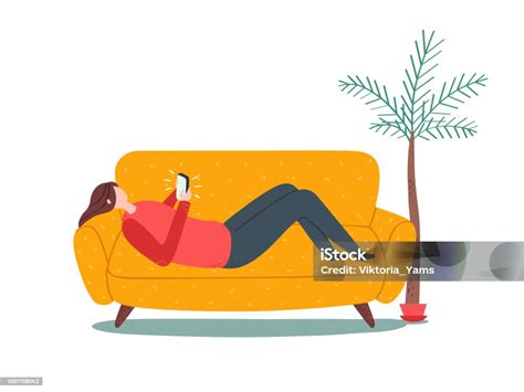 Woman Lying On Sofa With Smartphone Naive Style Stock Illustration