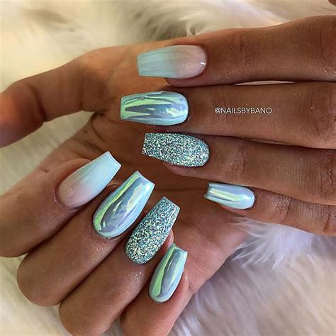 21 Beautiful Nail Art Designs for Coffin Nails - Convenile Super holographice coffin nails mirror blue chrome sparkly ballerina fake nails medium size manicure factory direct sale simple design nail strips real nail polish yellow blue coffee pure color nontoxic.