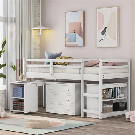 White Twin Loft Bed With Rolling Portable Desk And Cabinet Pine Wood