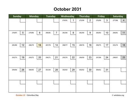 October 2031 Calendar With Day Numbers