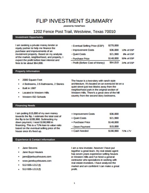 One Page Investment Summary Templates