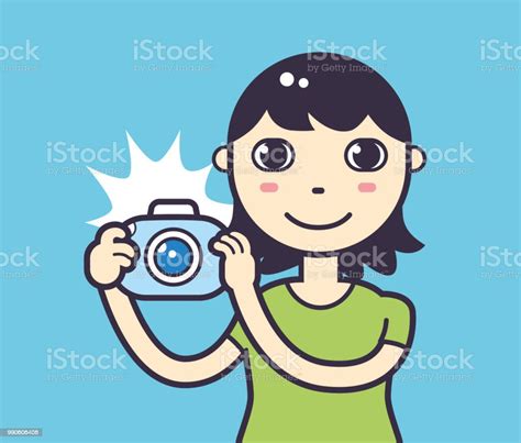 Girl Or Young Woman With A Flashing Camera Taking Photos Stock