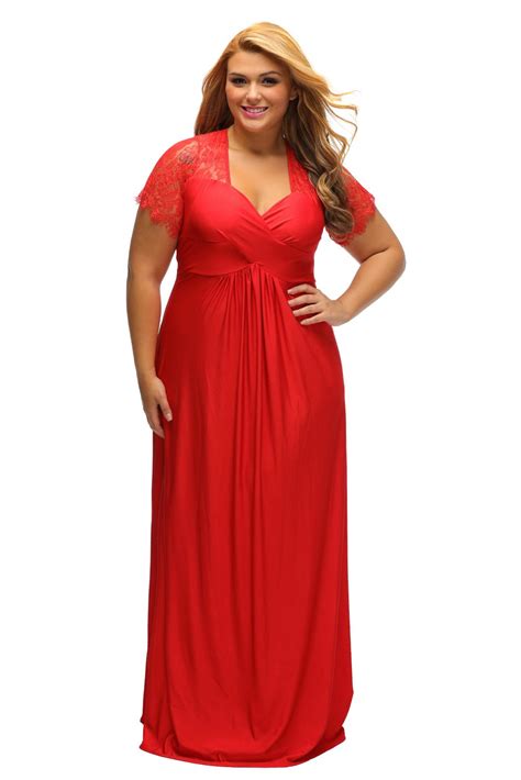 Lalagen Womens Lace Sleeve V Neck Plus Size Evening Maxi Dress Gown Red Xl