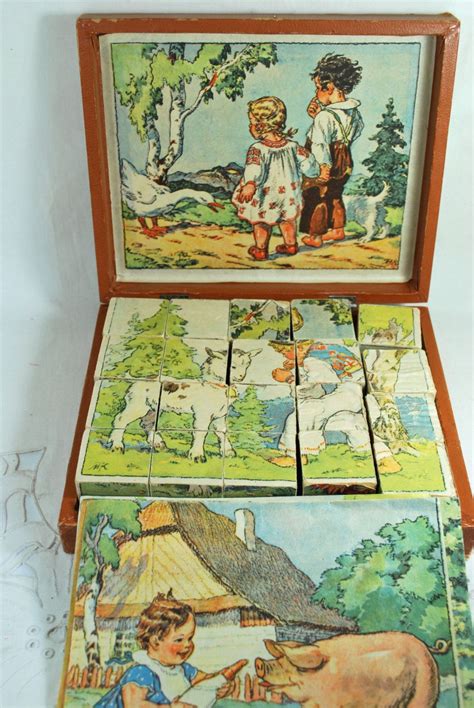 Vintage Wooden Puzzle Blocks Set With Original Box And 6 Pictures