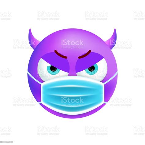 Cute Purple Evil Emoticon With Face Mask On White Background Isolated