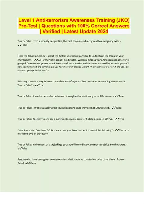 Level 1 Anti-terrorism Awareness Training (JKO) Pre-Test | Questions