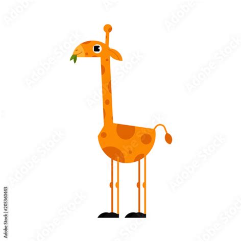 Cute Giraffe Cartoon Character With Long Neck Standing And Eating