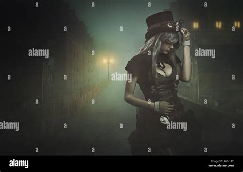 Steampunk Woman In Misty City Dark Photomanipulation Stock Photo Alamy