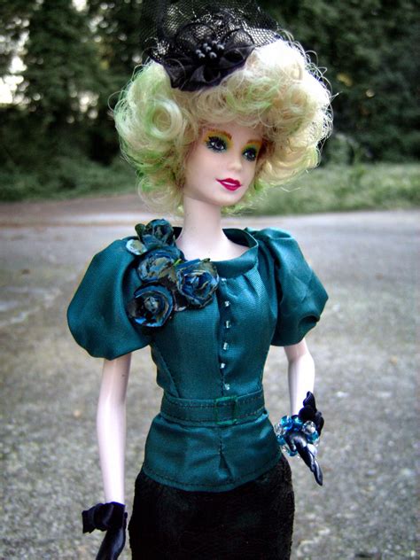 Effie Trinket Repainted Hair Restyled Barbie Doll In Teal Dress Costume From The Hunger Games