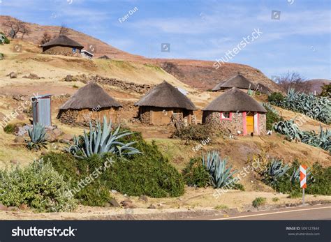 Basotho Huts In A Small Lesotho Village In The Dry Winter Season Stock