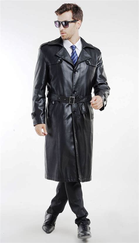 Mens Black Leather Jacket Lambskin Leather Trench Coat Long Coat Over