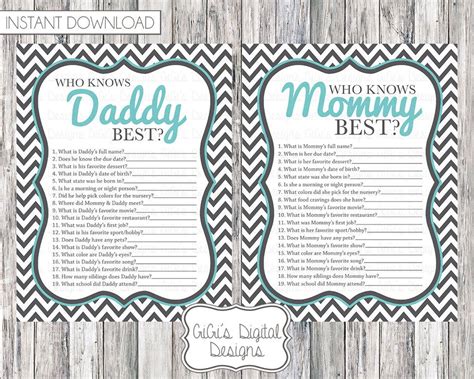 This is a perfect baby shower game for men, since it puts all the attention on. Baby shower game Who knows Mommy Daddy best Gray Teal | Etsy | Modern baby shower games, Baby ...