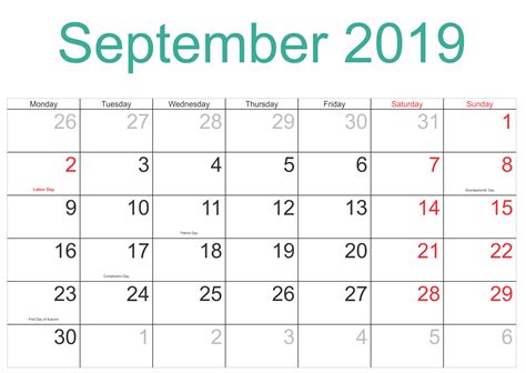 You can download and print this calendar of september 2019, available in image, pdf and excel format. September 2019 Holidays Calendar