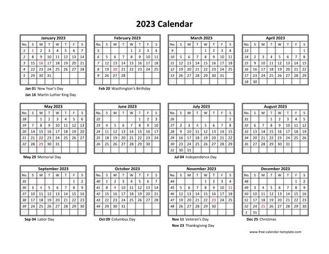 2023 Free Printable Yearly Calendar With Holidays Printable Templates