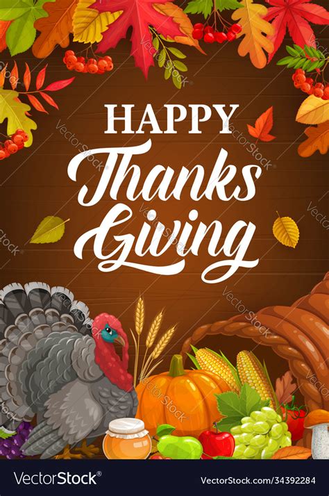 Happy Thanksgiving Poster With Turkey Crop Vector Image