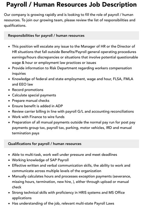 Payroll Human Resources Job Description Velvet Jobs