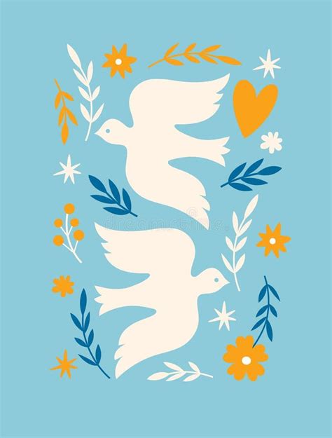 Dove Of Peace Poster Card Two White Birds With Olive Branch Stock