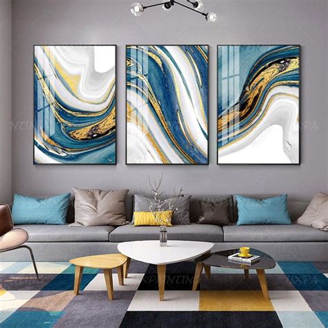 Set Of 3 Wall Art Gold Painting Light Blue Wall Art Abstract Etsy
