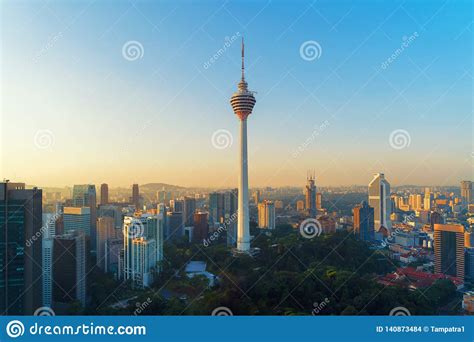 Aerial view of kuala lumpur cityscape in the morning. Menara Kuala Lumpur Tower With Sunset Sky. Aerial View Of ...