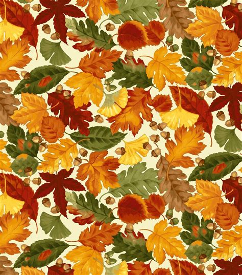 Autumn Inspirations Fabric Leaves And Acorns Beige Colours And