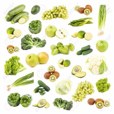 Set Collection Of Different Green Fruits And Vegetables Isolated In