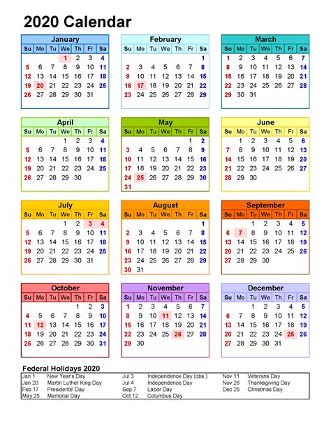 Free Printable 2020 Yearly Calendar With Holidays At Glance