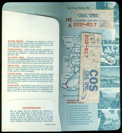 Frontier Airlines Airline Ticket Wrapper Flown Colorado Springs 1965