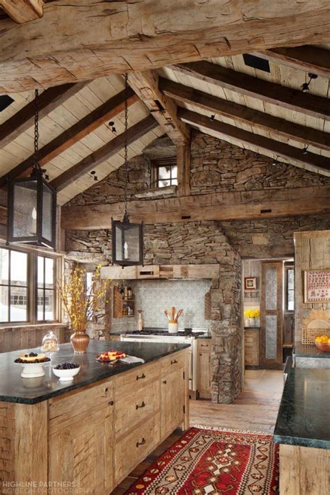 Rustic Cabin Kitchen Designs Showing Warm Wooden Structure In Earthy