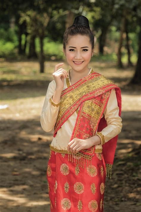 Beautiful Laos Women Wearing Laos Traditional Dress Costume Asian Girl Wearing Traditional Laos