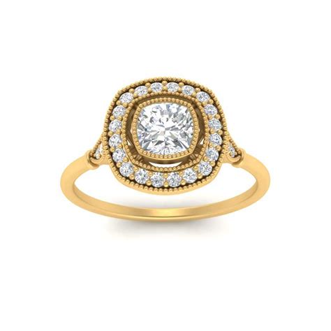 Cushion Cut Antique Square Diamond Engagement Ring In 14k Yellow Gold