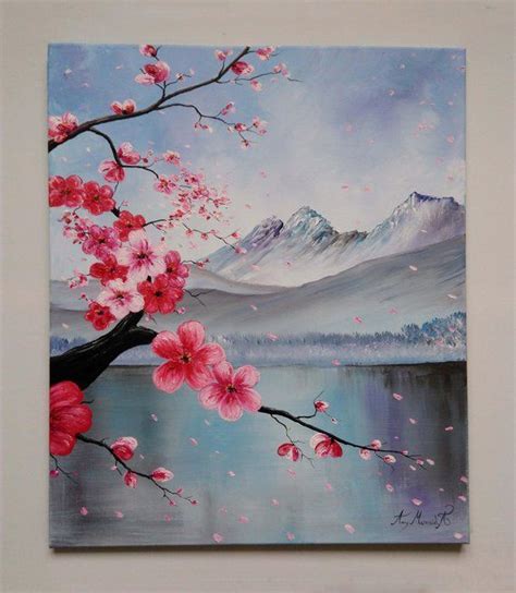 Cherry Blossom Painting Red Wall Art Red Sakura Painting Etsy Arte