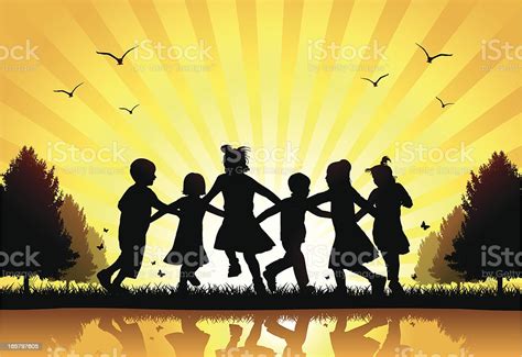 Silhouette Of Children Playing Ring Around The Rosy Stock Illustration