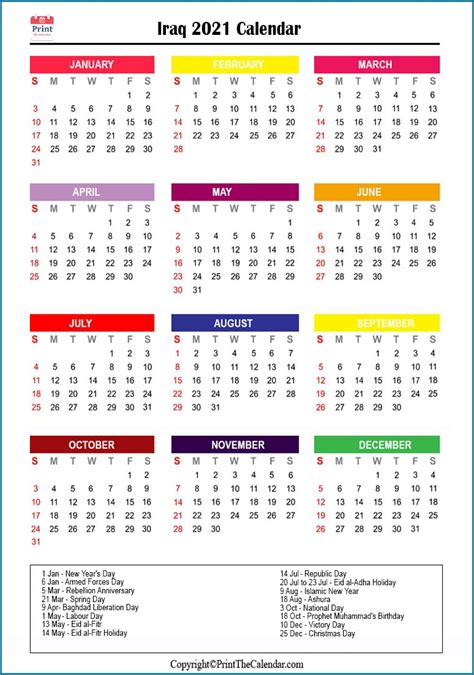 Iraq Calendar 2021 With Iraq Public Holidays