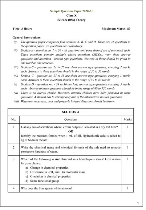 Cbse Class 10 Science Sample Paper 2021 With Marking