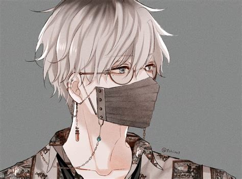 All Male Aqua Eyes Chain Close Glasses Gray Male Mask Original Shijima Tohiro Short Hair Signed