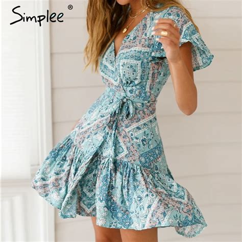 Simplee Bohemian Print Summer Dress Women Ruffled Short Sleeve Sashes