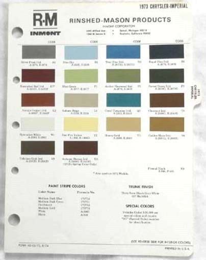 1973 Chrysler And Imperial R M Color Paint Chip Chart All Models Ebay