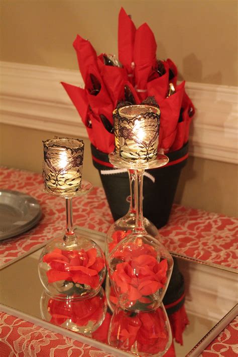 Centerpieces For Tables Made Of Upside Down Wine Glasses Over A Rose And Mirror With A Lace