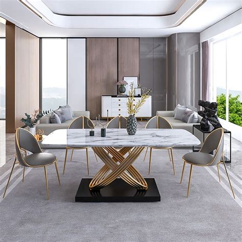 Gorgeous from every angle, the rectangular faux marble top seems to float atop its simple gold your classic round dining table gets a modern update with a clear tempered glass top and a chromed. Marble Dining Table Rectangular Modern Minimalist Design ...