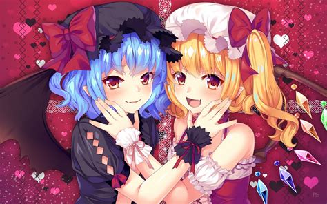 2girls blonde hair blue hair blush bow fang flandre scarlet hat matatabimaru722 red eyes remilia