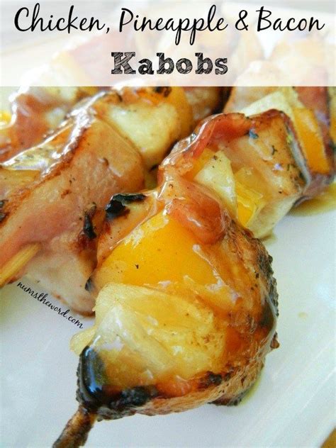 Weave the bacon around each piece of chicken and pineapple, stick the bell pepper and onion together and weave th bacon around both of those. Chicken, Pineapple & Bacon Kabobs | Skewer recipes ...