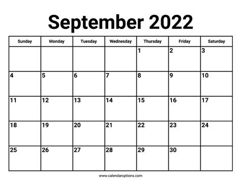 September 2022 Calendar Calendar Options