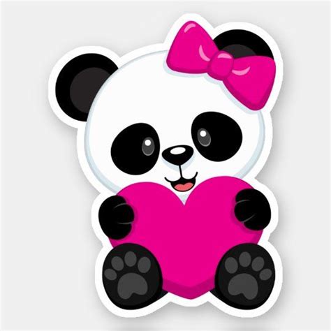 Cute Panda Bear With Pink Bow And Heart Sticker In 2020