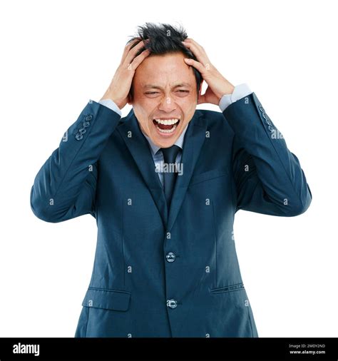 Anger Stress And Screaming Business Man In Studio Isolated On White