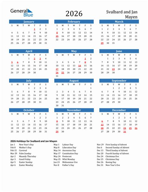 2026 Svalbard And Jan Mayen Calendar With Holidays
