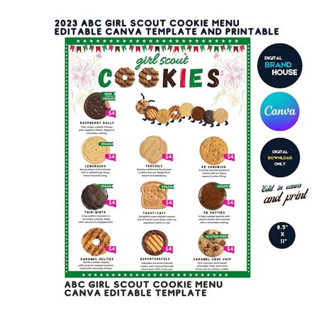 ABC Girl Scout Cookie Booth Menu Editable Canva Template ABC Girl Scout Cookie Menu Edit